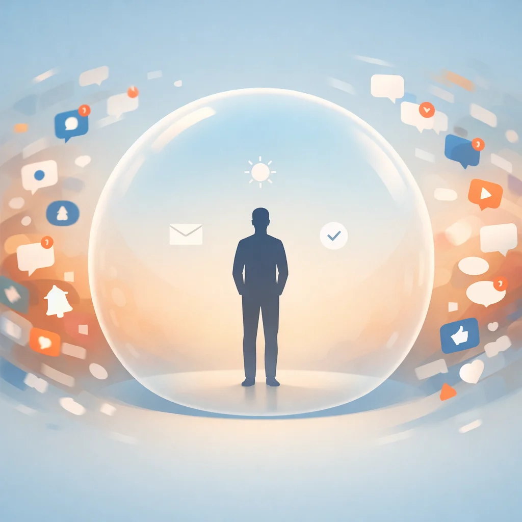 Una silueta humana en calma dentro de una burbuja translúcida brillante, rodeada de notificaciones, burbujas de chat e iconos de apps filtrados por la membrana