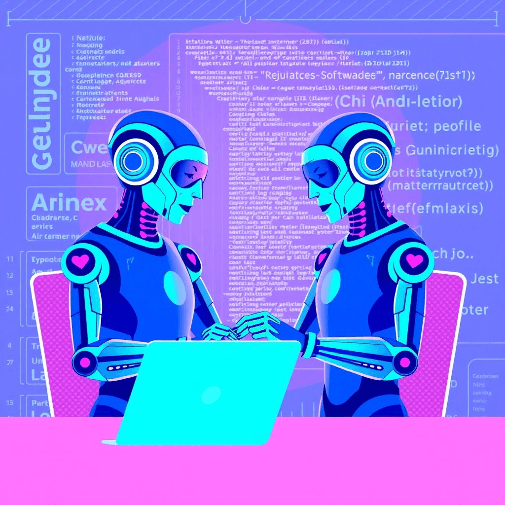 Two AI assistants represented as collaborative partners working together on code and creative projects, with vibrant blue and purple colors showing productive AI collaboration
