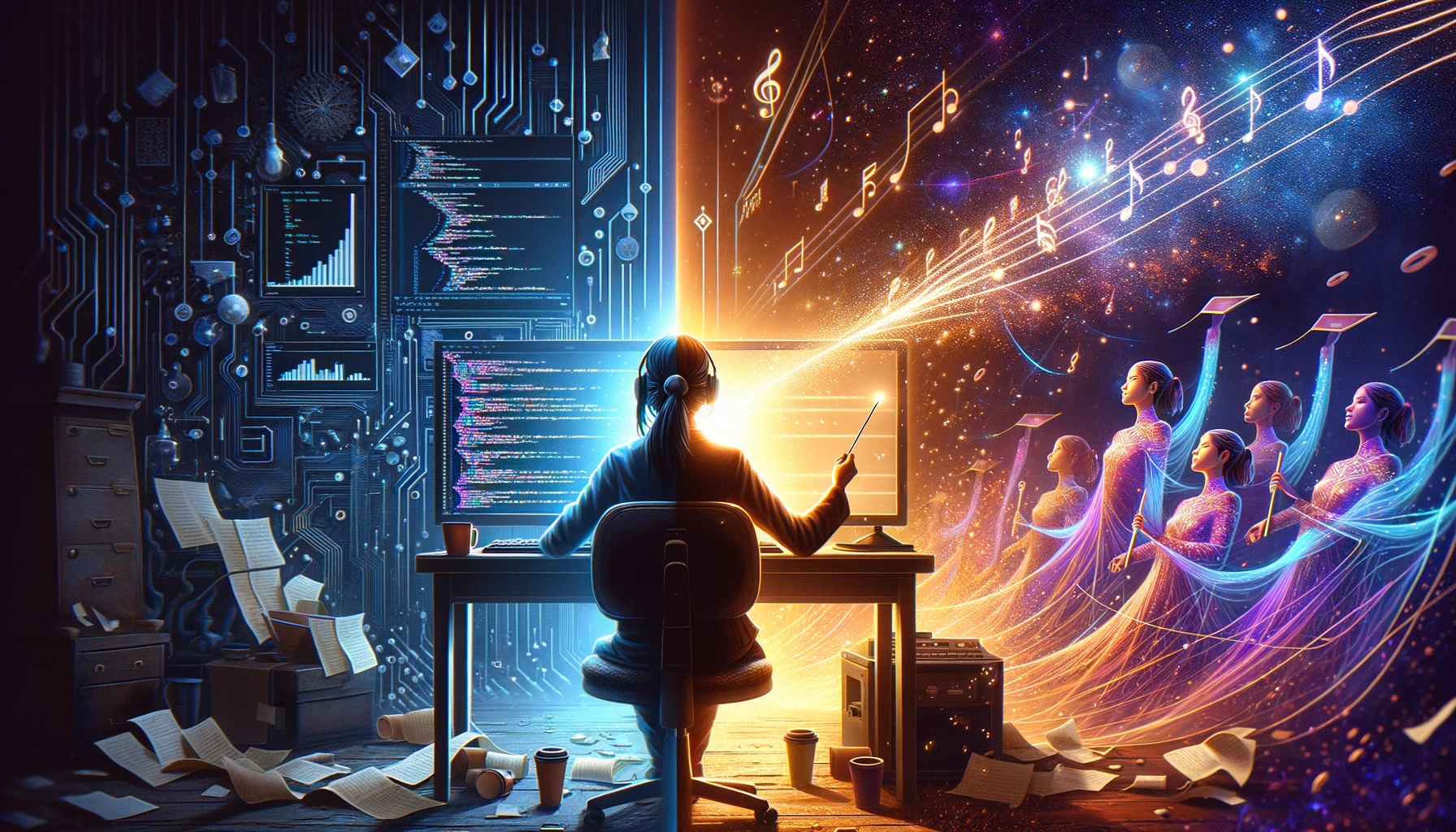 A developer transformed into a conductor, orchestrating AI agents represented as flowing code streams and musical notes, symbolizing the evolution from manual coding to system orchestration