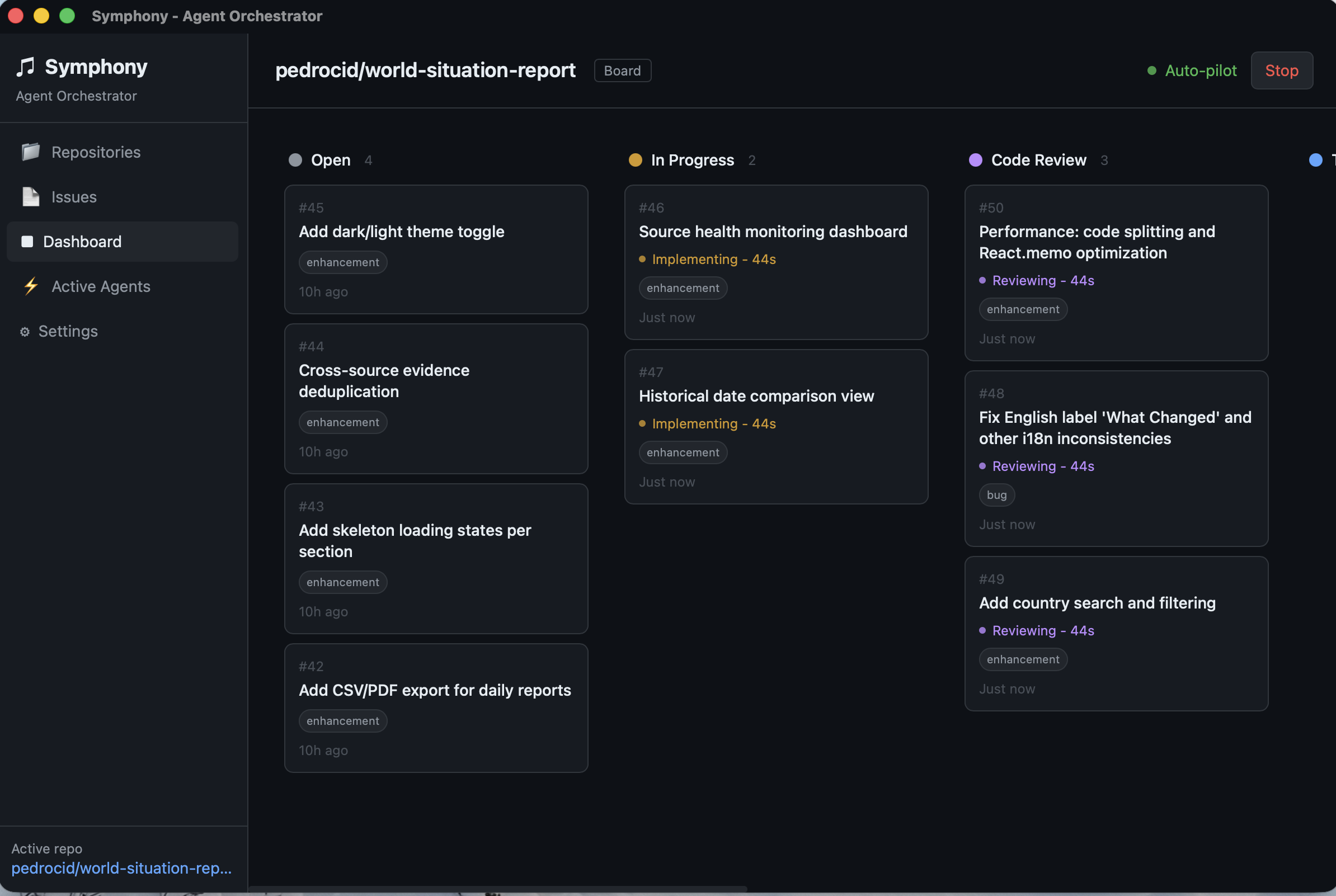 Dashboard kanban de Symphony Mac mostrando issues avanzando por las etapas Implement, Code Review, Testing, Merge y Done